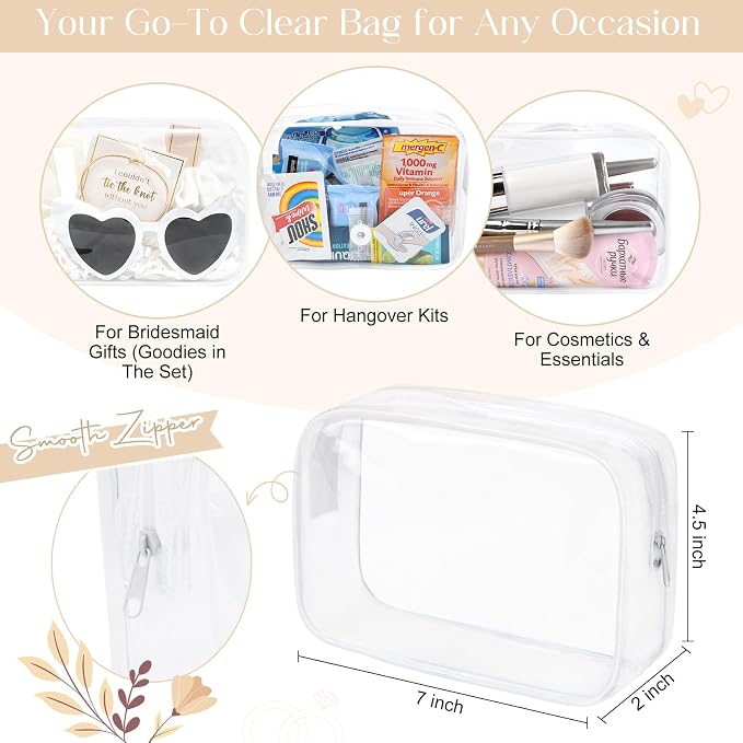 DEEKA 5 Pcs Bridesmaid Proposal Bag Set Gift Clear Makeup Toiletry Bag Bachelorette Party Favors Sunglasses Hair Claw Clips Scrunchies Knot Bracelets Bridal Wedding Party Gifts (White) - Image 3