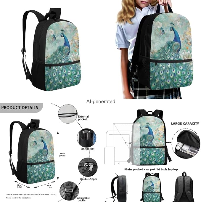 Peacock Backpack for Kids Girls Backpack with Lunch Box Water Bottle Carrier and Large Capacity Pencil Case 4PCS Set Lightweight Bookbag with Front Pocket for School 17 inch Sturdy School Bag - Image 3
