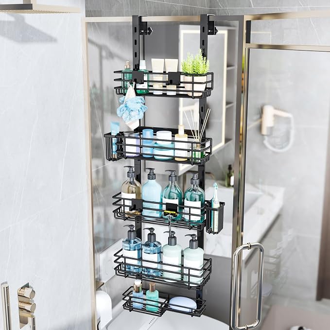 Consumest Over The Door Shower Caddy - 5 Tier Adjustable Shower Organizer Hanging with 2 Toothbrush Holders & 4 Hooks, Rustproof Organizer Shelf, Storage Rack for Bathroom, Black - Image 4
