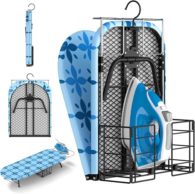 Small Ironing Board Tabletop with Iron Holder, Foldable Mini Iron Board with Iron Rest, Hook for Wall/Door Hanging, Dirt & Heat Resistant Cover, Portable for Home Apartment Travel Laundry Room Sewing by BCJJ
