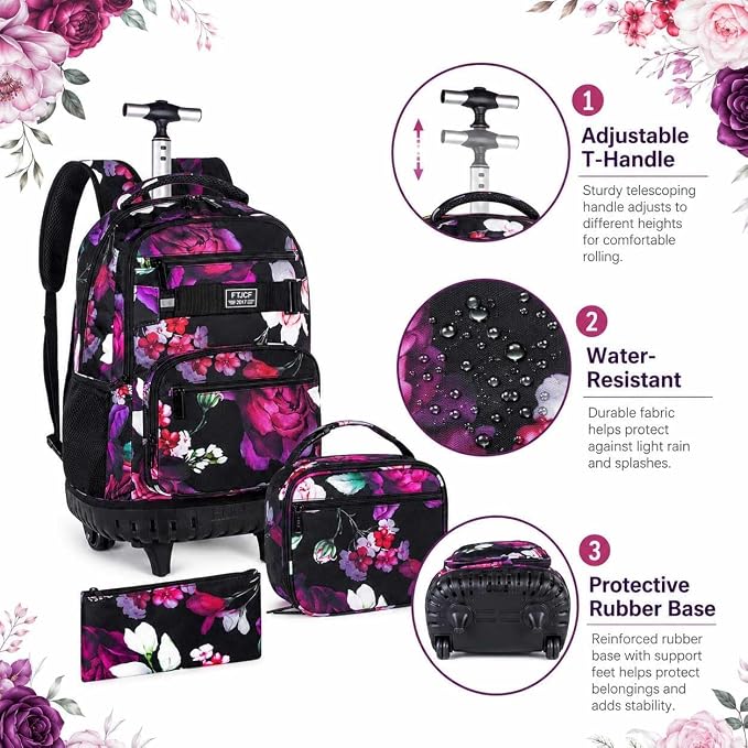 3Pcs Rolling Backpack for Girls, 19 Inche Rose Roller Bag with Wheels, Adults Wheeled Bookbag Set for Women(Black) - Image 6
