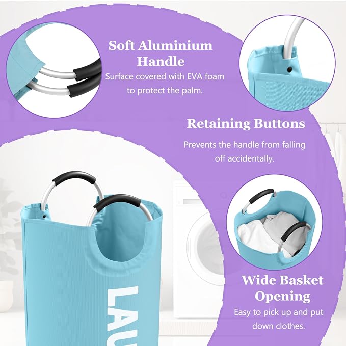 95L Foldable Blue Laundry Basket with Handles, Big Clothes Hamper for Bedroom, Dirty Clothes Basket Stand Upright, Portable Laundry Bag for Dorm, Nursery, Family, Blue - Image 6