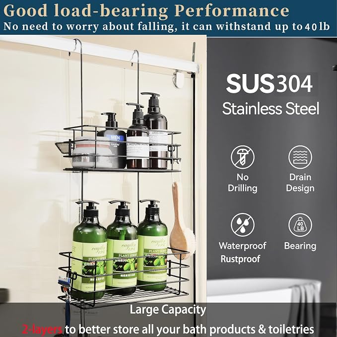 Shower Organizer Hanging Shower Caddy with Rotatable Hook bar Over the Door and Can be Hung on the Faucet or Claw Foot, Stainless Steel Rust Proof and Durable （Black） - Image 2