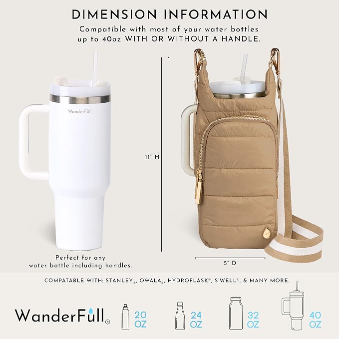 WanderFull Original HydroBag Handle®, Zipper for Handle, 40 oz Water Bottle Holder w/Strap, Crossbody Carrier Bag w/Phone Pocket - Khaki - Image 3