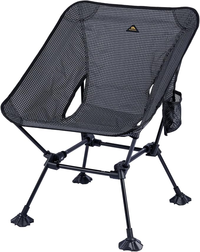 iClimb Ultralight Compact Camping Folding Beach Chair with Anti-Sinking Large Feet and Back Support Webbing (Black Grid- Square Frame) by iClimb