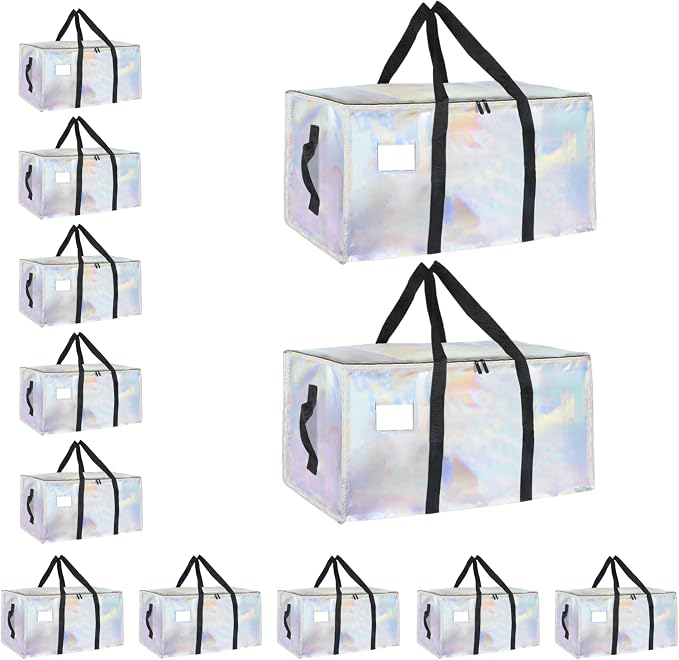 12 Pack-Extra Large Heavy Duty Moving Bags - Waterproof Storage Totes with Handles & Zippers, Foldable for College Dorm, Storage (Shiny Color) by Unknown