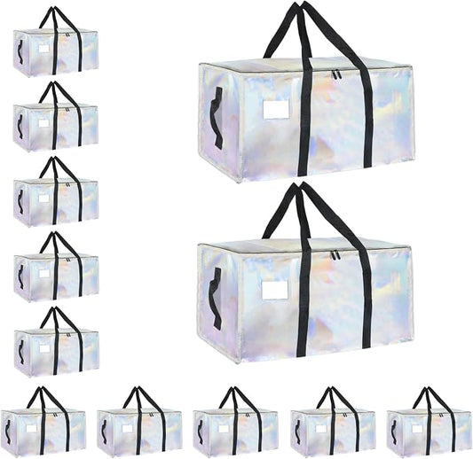 12 Pack-Extra Large Heavy Duty Moving Bags - Waterproof Storage Totes with Handles & Zippers, Foldable for College Dorm, Storage (Shiny Color) by Unknown