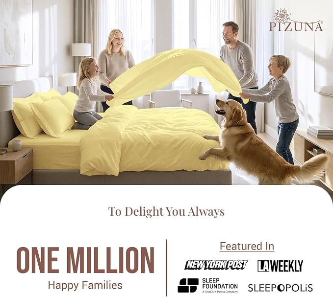 Pizuna Pure 100% Long-Staple Cotton Duvet Cover + Sheet Set King, Luxurious 400 Thread Count Long Staple Cotton, Soft Sateen Weave Bedding Set (Mellow Yellow) - Image 2