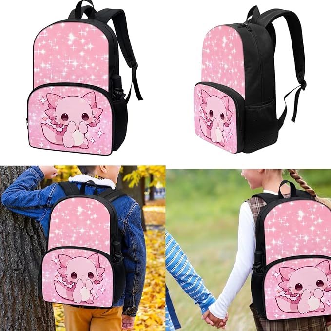 Star Axolotl School Backpack for Girls, 3Pcs Students Backpack, Elementary Bookbag Sets with Lunch Box Pencil Case for School - Image 2