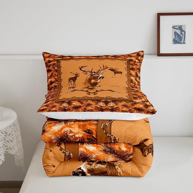 Erosebridal Hunting Animal Comforter Set for Kids Boys Girls Rustic Deer Elk Moose Bedding Set Twin Vintage Orange Jungle Quilt Farmhouse Down Comforter with 1 Pillow Sham Cabin Lodge Decor - Image 6