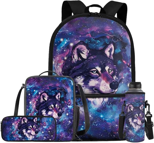 Galaxy Wolf Backpack for Girls Kids Backpack with Lunch Box Water Bottle Pouch and Soft Pencil Case 4PCS Set Bookbag with Front Pocket for School 17 inch Large School Bag for Elementary Girls by ELEDIZI