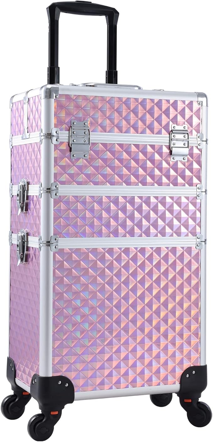 3 in 1 Professional Rolling Makeup Train Case Aluminum Trolley Case with 360° Rotation Wheels for Makuep Artist Cosmetic Suitcase Organizer with Lock and Key Diamond Pattern - Pink by AdazzoRollingMakeupCase