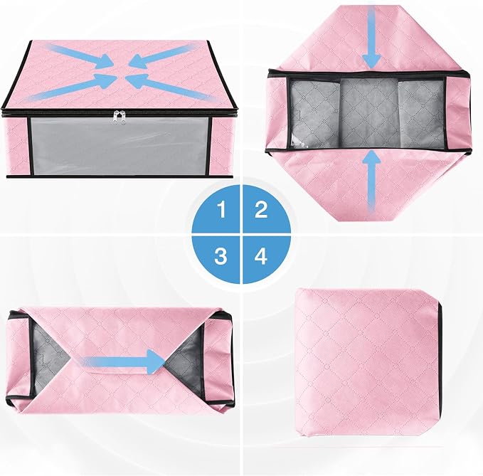 HomeHacks Storage 3-Pack Clothes Organizer Storage Bags Foldable Storage Box with Large Clear Window Sturdy Handles for Closet, Dorm, Pillows, Bedding, Clothes, Blankets, 35L, Pink - Image 3