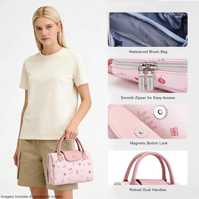 BOYATU Travel Makeup Bag Organizer with Handle: Forest Animal Cosmetic Bag Holds 10+ 100ml Full-Size Bottles for Dates & Trips - Waterproof Leather Toiletry Pouch 3-sec Touch-up for Chic Woman(Pink) - Image 2