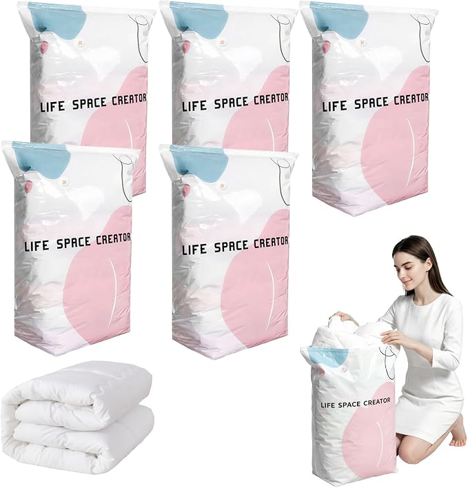5PCS No Pump Vacuum Storage Bags, No Pump Large Vacuum Storage Compression Bags, Thick Airtight Reusable Organizer for Clothes Comforters Travel Moving Closet Storage (L) by Unknown
