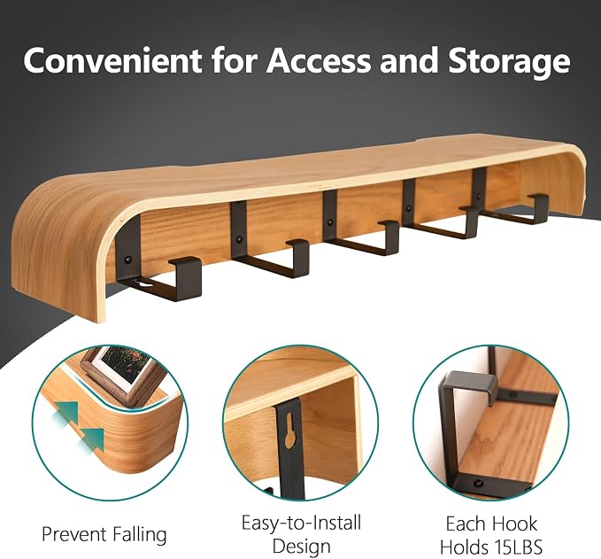 Coat Rack Wall Mount with Hidden Hooks Modern Key Holder Wood Entryway Hook with Shelf for Bedroom Kitchen Hallway Bathroom Designed for Hanging Coats Hats Bags Towels Dog Leashe(Oak,5 Hooks) - Image 4