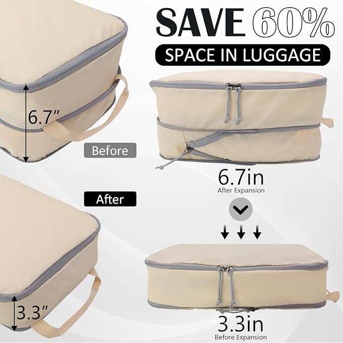 Large Compression Packing Cubes for Travel, 2 Set Compression Bags Travel Cubes for Packing Suitcase Luggage Organizer, Beige - Image 4