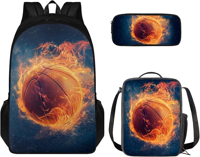Coloranimal Fire Basketball Backpack Set Included 1Pcs School Bag 1Pcs Mini Lunch Bag 1Pcs Pencil Case Bookbag for Teen Boys Girls Hiking Camping Travel Bag by Coloranimal
