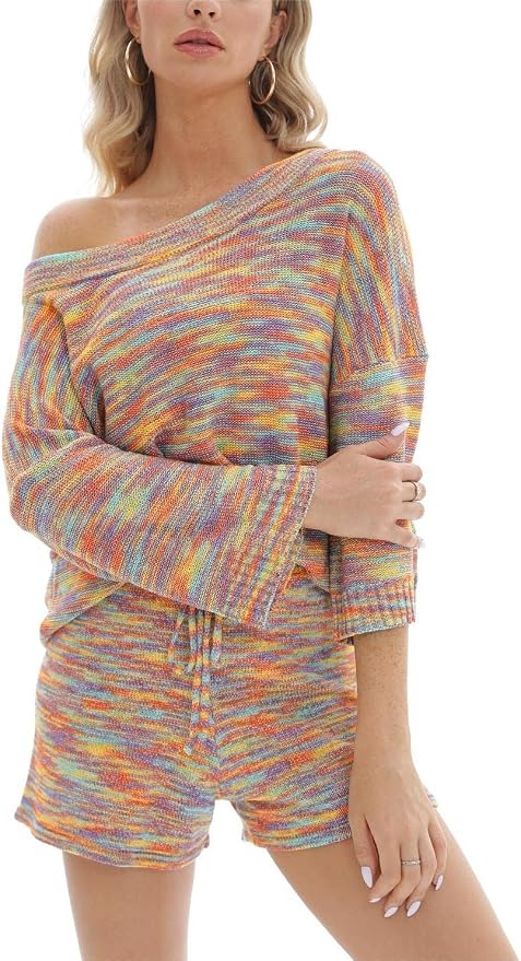 Ermonn Womens 2 Piece Outfits Sweater Sets Off Shoulder Knit Tops Waist Short Suits Casual Pajama Set - Image 2