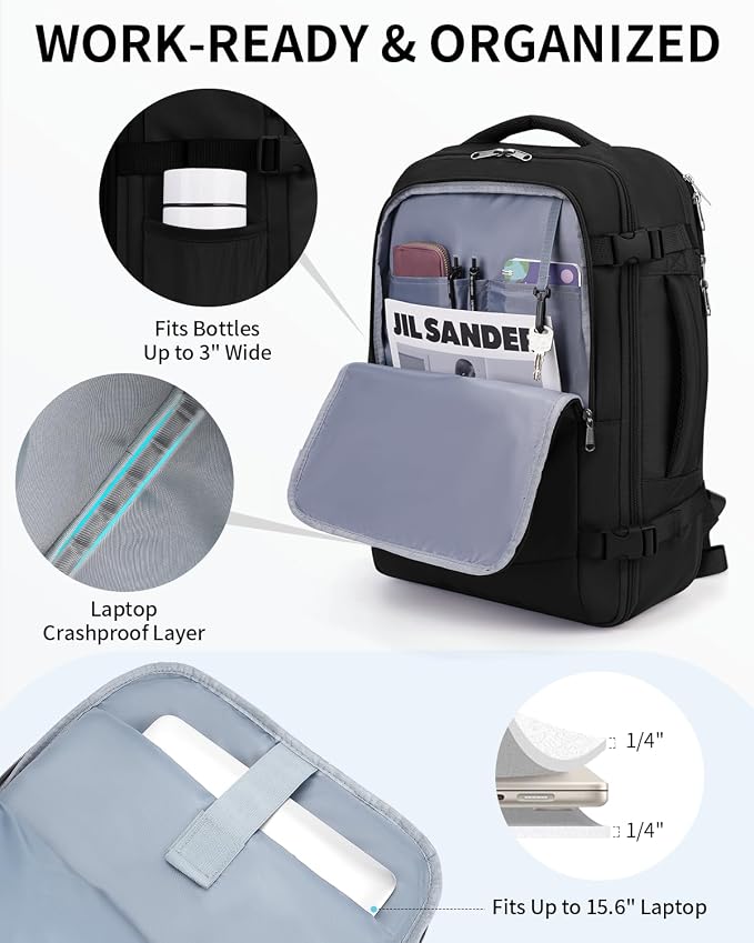 ECOHUB 17" Small Unisex Travel Backpack United Airline Approved 17x10x9 Friendly Suitcase Anti-Theft Lockable Zippers Style Personal Item Bag Travel Essentials with 12 Pockets Water Resistant, Black - Image 5