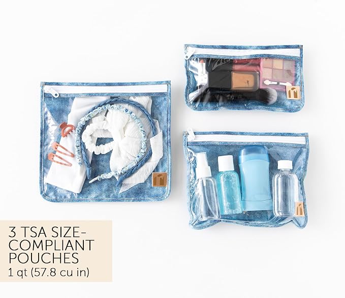 Bumkins Roamio Travel Set – Waterproof Wet Bag, Wet/Dry Clutch, 3 Clear TSA Pouches – Reusable Organizers for Swim, Gym, Toiletries, Baby Gear, Pump Parts, Beach, Pool, Travel, Faux Denim 5-pc Set - Image 5