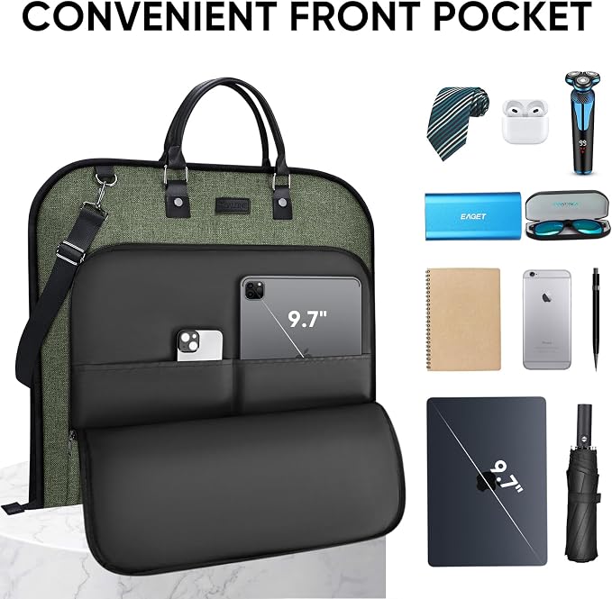 BALEINE Travel Garment Bag, Travel Suit Bag for Men, Water Resistant Carry on Garment Bag for Hanging Clothes, Garment Duffel Bag for Travel Business (Green, 42") - Image 3