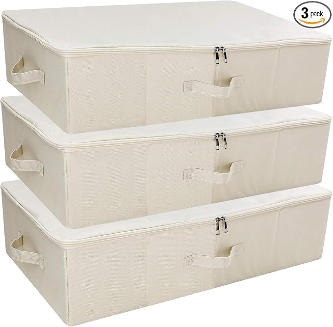 iwill CREATE PRO 3Pcs Collapsible Rigid Underbed Storage Bins, 27.5 * 15.7 * 7", Folding Fabric Storage Boxes for Clothing, Blankets, Shoes in Closet, Wardrobe, Beige by iwillCREATEPRO