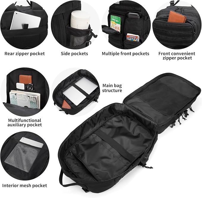 Wotony Tactical Backpack - Military waterproof backpack with multiple pockets and tactical gear for the outdoors (Black, 45L) - Image 6
