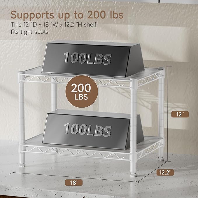 Golpart Small 2 Tier Shelves Storage Wire Shelving Unit Metal Shelf Adjustable Organizers Storage Shelving with Wheels for Bathroom Laundry Room Kitchen Pantry11.7”D x 17.7”W x 12.2”H White - Image 3