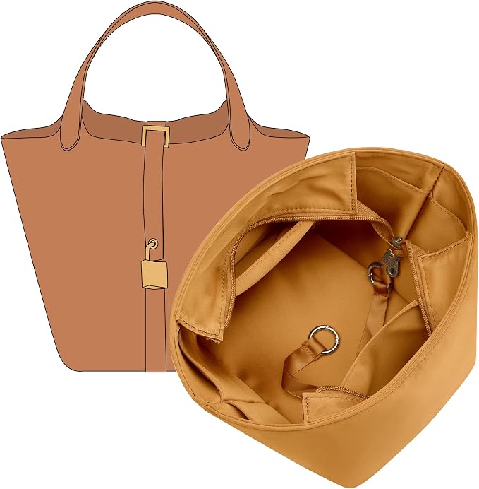 Doxo Satin Fabric Picotin 22 Bag Insert - Premium Purse Organizer for Picotin 22 with Zipper Closure and Keychain, Lightweight & Discreet Inner Liner, Fits PC22 Luxury Totes, Gold by Doxo