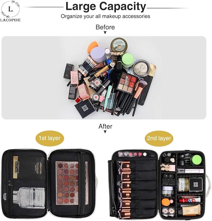 Large Makeup Organizer Bag Travel Train Case Portable Cosmetic Artist Storage Bag with Adjustable Dividers for Cosmetics Makeup Brushes, MARBLE PATTERN, 18 INCH (2 LAYER), Travel Accessories - Image 6