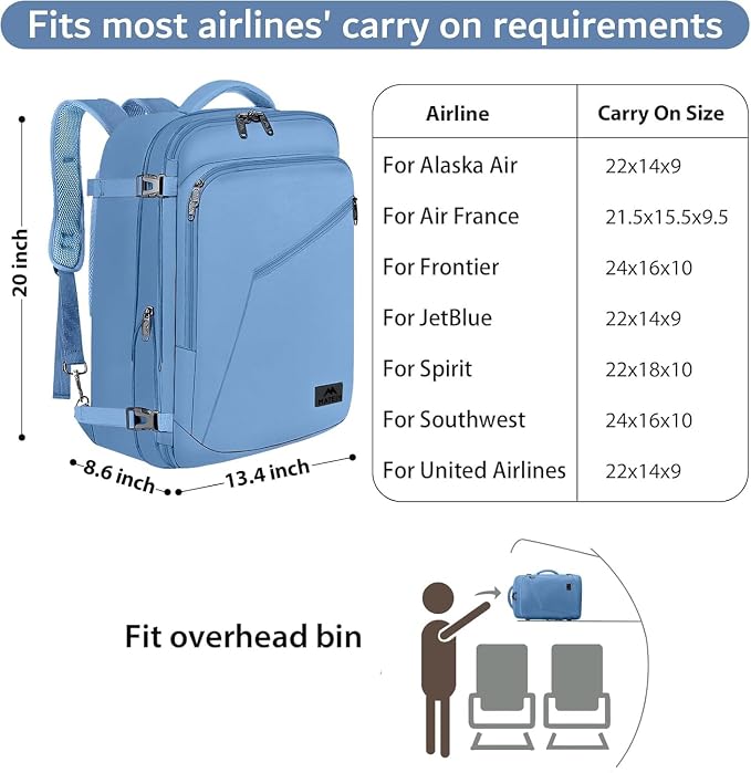 MATEIN Carry on Backpack with Hide Away Shoulder Strap for Travel, Blue | Expandable Big Backpack, Airline Approved, Large Hiking Daypack with 2 Handles, Gifts for Traveler Women - Image 2