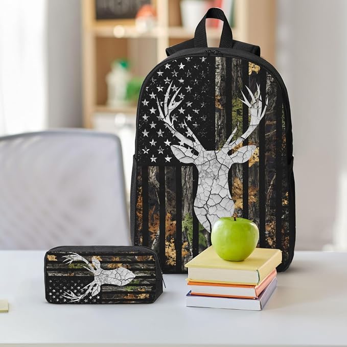 Deer Hunting Kid Backpack Set with Lunch Bag & Pencil Case Large Capacity School Bag 17 Inch Bookbag for Boy Girl - Image 8