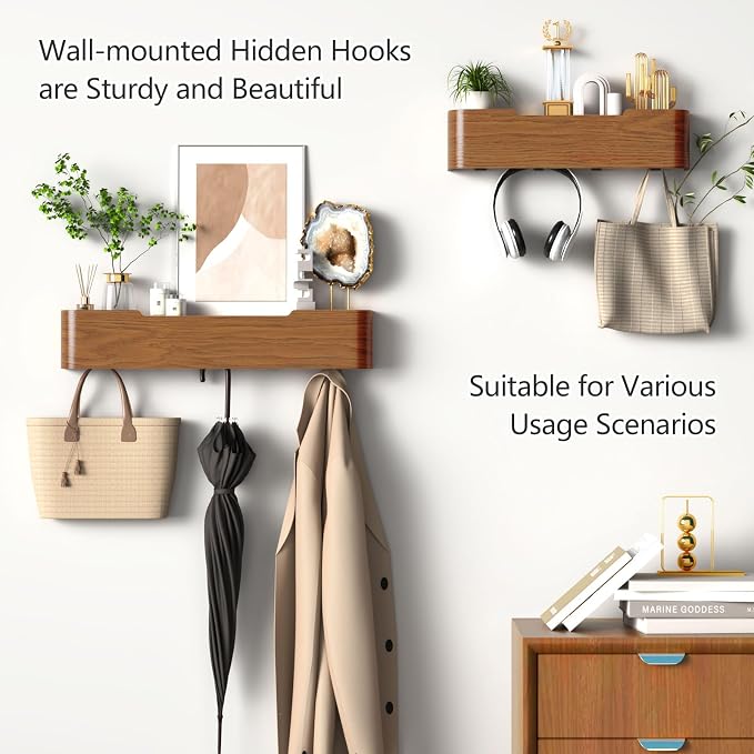 Coat Rack Wall Mount with Hidden Hooks Modern Key Holder Wood Entryway Hook with Shelf for Bedroom Kitchen Hallway Bathroom Designed for Hanging Coats Hats Bags Towel Dog Leashe(Walnut,5 Hooks) - Image 7