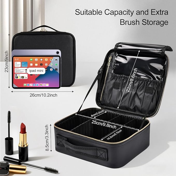Travel Makeup Bag with Brush Holder, Professional Cosmetic Train Case Organizer for Women, Portable Travel Makeup Brush Carry Case Cosmetic Artist Storage Box with Adjustable Dividers, Leather Black - Image 2