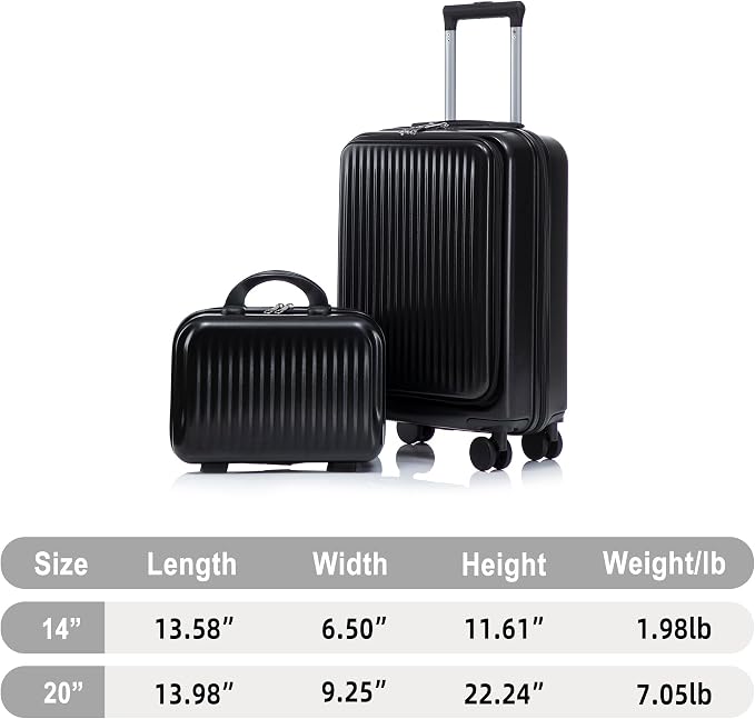 Gradient Color Suitcase 2-Piece Set, 20" Rotating Wheel Suitcase with 14" Cosmetic Case, Lightweight Durable Hardshell Luggage with 360° Spinner Wheels for Travel, Women & Girls (Black) - Image 9