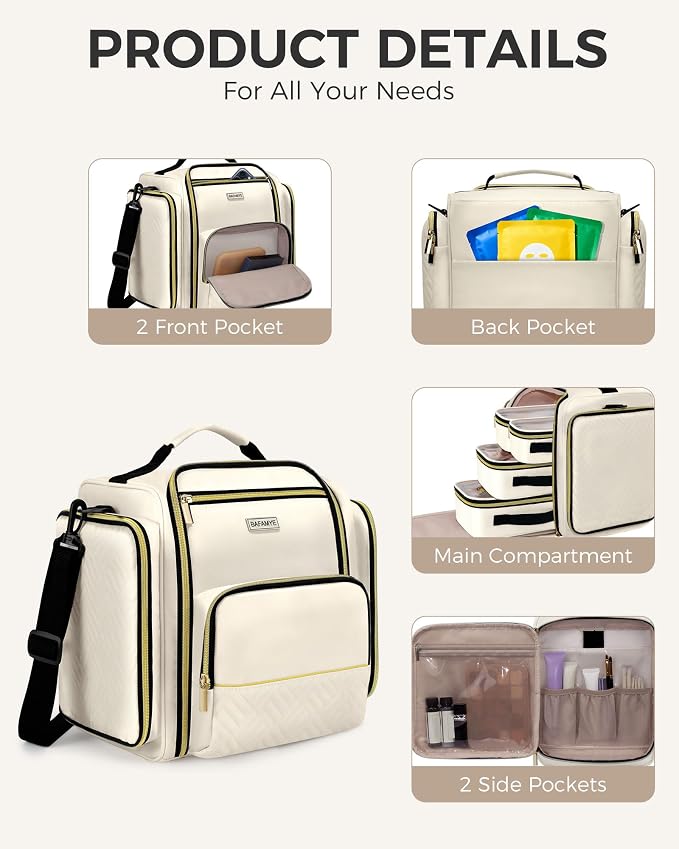 BAFAMYE Large Travel Makeup Bag - Cosmetic Organizer with 4 Removable Inner Pockets, Multi-functional Toiletry Bag for Accessories & Brushes, Women's Beauty Case, Beige - Image 4