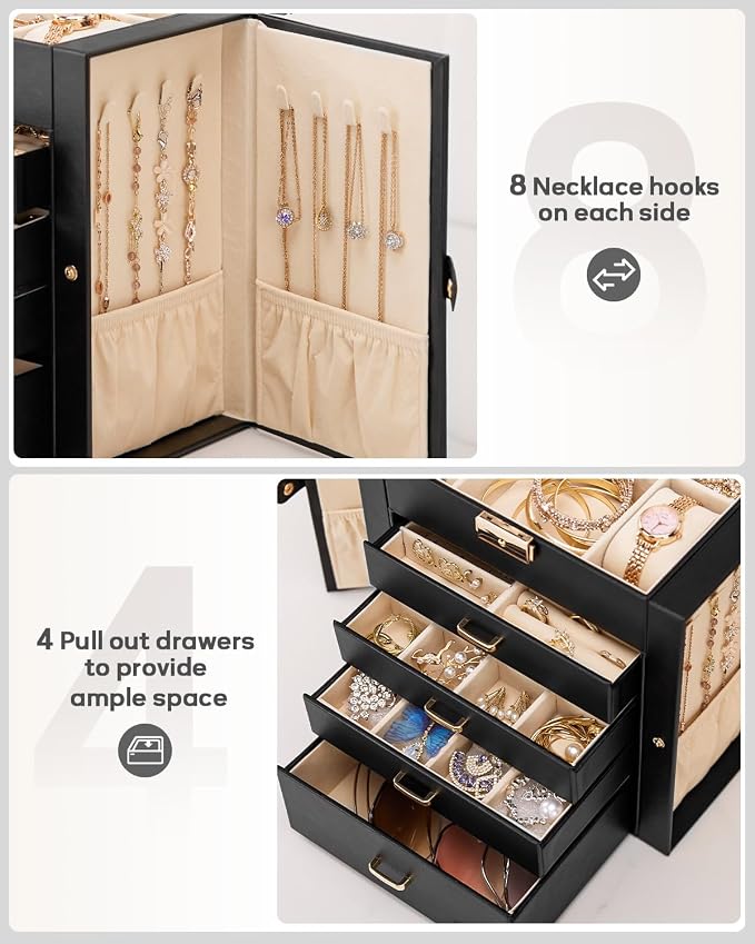 Homde Synthetic Leather Huge Jewelry Box Mirrored Watch Organizer Necklace Ring Earring Storage Lockable Gift Case (Black + Gold) - Image 5