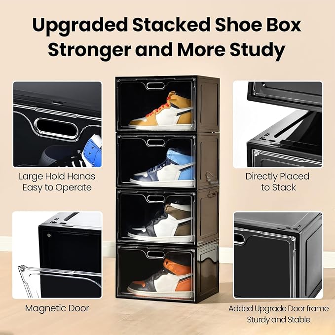 Amllas 8 Pack Shoe Boxes Black Plastic Stackable, Large Shoe Storage Organizer,Drop Side Front Shoe Containers for Entryway,Sneaker Storage Fit up to US Size 13 for Men/Women(13’’x 10.6”x 8.3”) - Image 3