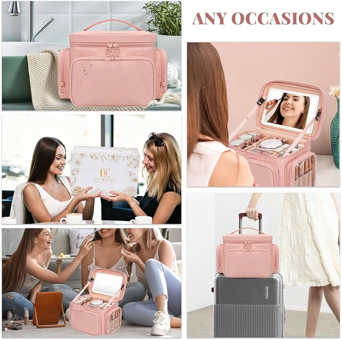Large Makeup Bag with LED Mirror, Travel Makeup Bag Organizer for Women Girls with Makeup Brush Compartment & Two Side Pockets, 3 Color Lights Cosmetic Toiletry Bag- Leather Pink - Image 7