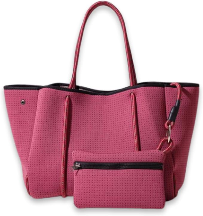POPUPS Large Neoprene Tote Bag for Women - Everyday Designer Handbag for Travel Work and Beach with Pockets and Zipper Pouch by POPUPSBrand