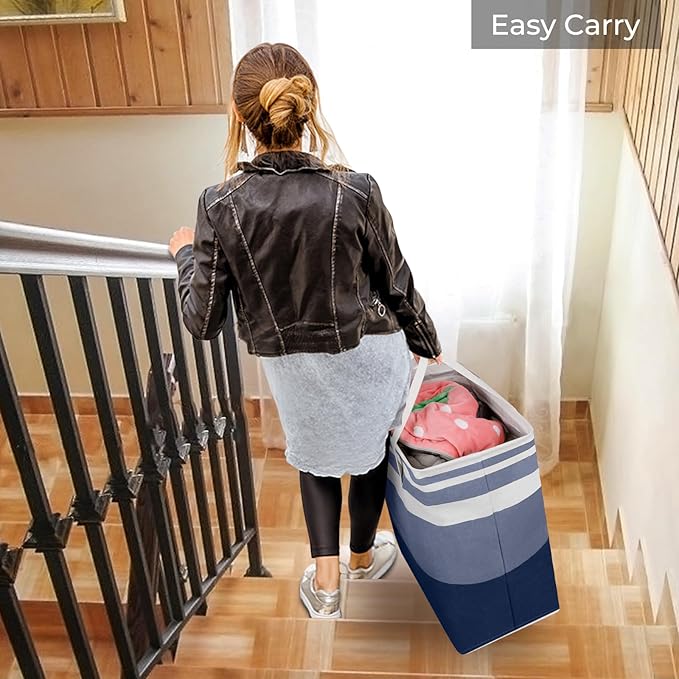 HomeHacks 2 Pack Large Laundry Baskets, Waterproof, Freestanding Laundry Hampers, Collapsible Clothes Hamper with Reinforced Handles in Laundry, College Dorm, Bathroom, Bedroom (Blue+Pink, 75Lx2) - Image 7