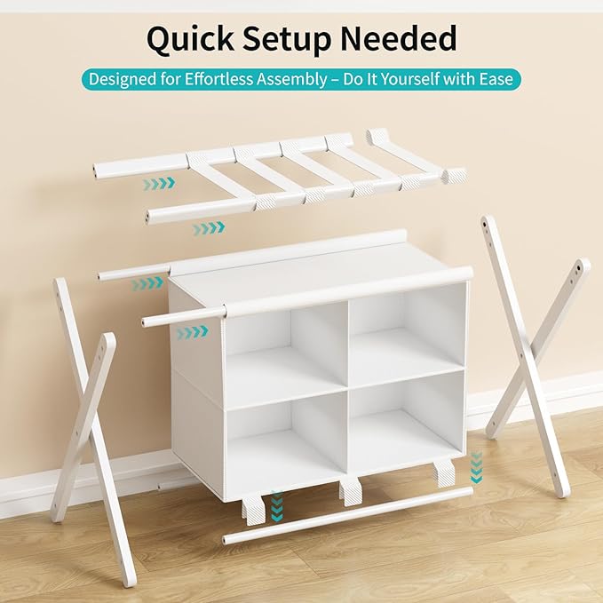 Folding Luggage Rack, 2-Pack White Bamboo Suitcase Stands with 4 Storage Compartments , Sturdy Luggage Holders for Guest Room, Bedroom, Hotel - Image 6