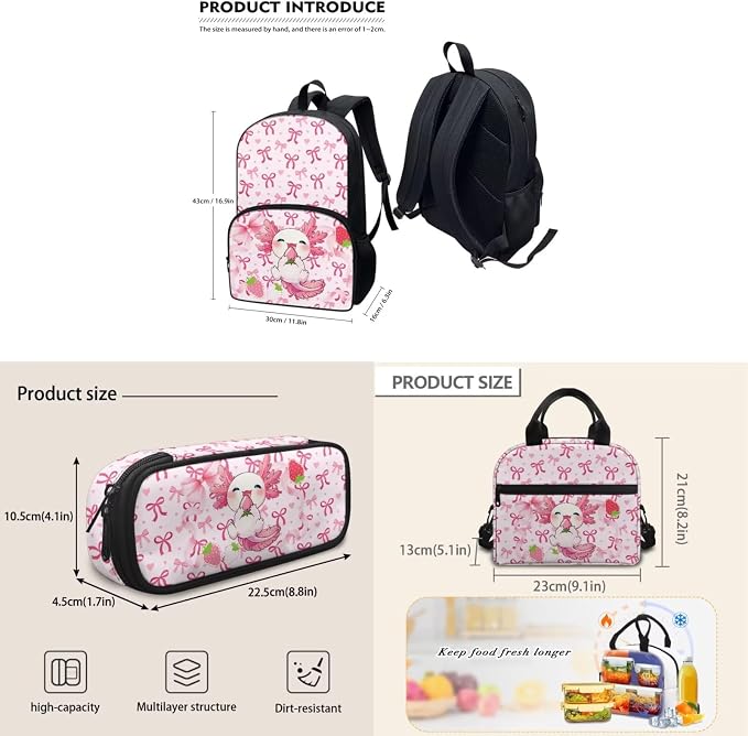 Bow Axolotl Backpack with Lunch Box Pencil Case 3 in 1, Kids School Bag Girls Bags Lightweight Backpacks for Travel Sports Gym - Image 5