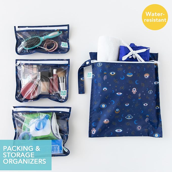 Bumkins - Waterproof Wet Bag & Clear Travel Bags - For Beach, Baby, Travel, Swim Suit, Cloth Diapers, Pump Parts, Pool, Gym, Toiletries - Reusable & Easy to Clean - Evil Eye - 4 Pack - Image 2