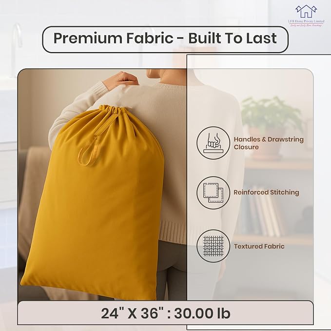 LFH Home Cotton Rich Canvas Large Laundry Bag with Handle, Heavy Duty Drawstring Closure Washable Laundry Bags, School Travel, Home, Hotel, College Dorm, Organizer Sack, Toys Clothes 24x36-Yellow - Image 4