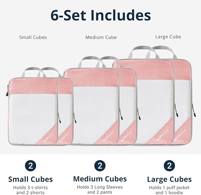 NICOSHOW Compression Packing Cubes 6 Set, Compressible Space-Saving Packing Cubes for Travel - Compression Bags, Luggage Organizer, Travel Essentials for Women, Pink - Image 3