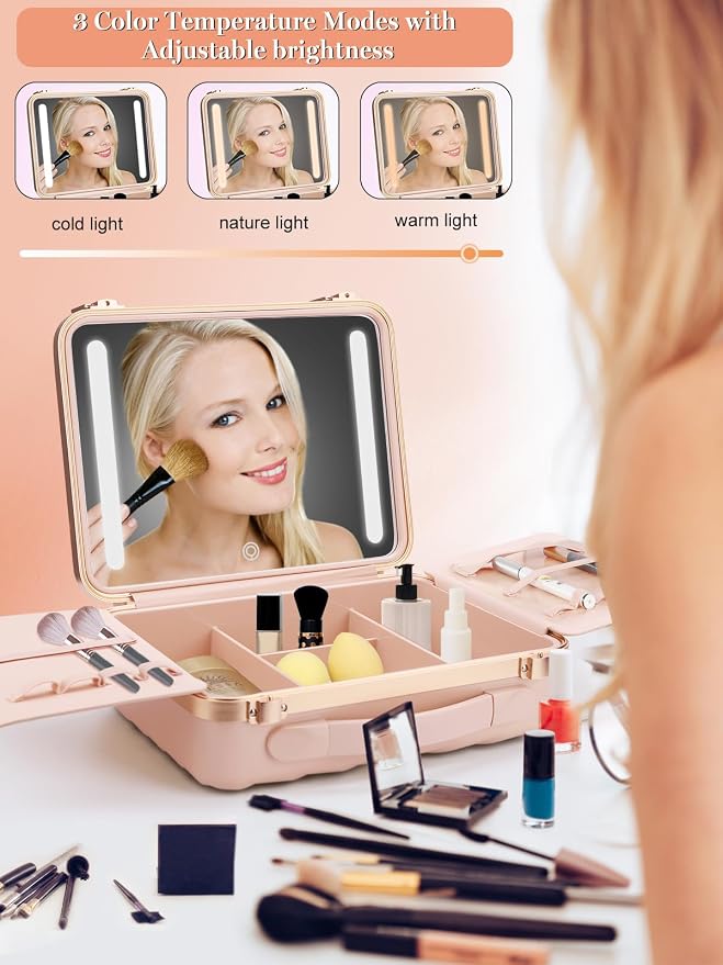 Kalolary Travel Makeup Train Cases with Lighted Mirror 3 Color Setting | Makeup Bag Cosmetic Case Organizer Adjustable Brightness Portable Makeup Storage Box For Makeup Brushes Accessories,Pink - Image 2