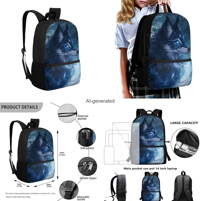 Galaxy Wolf Backpack for Boys Girls Backpack with Lunch Box Water Bottle Pouch and Large Capacity Pencil Case 4PCS Set Bookbag with Front Pocket for School 17" Lightweight School Bag for Kids - Image 3