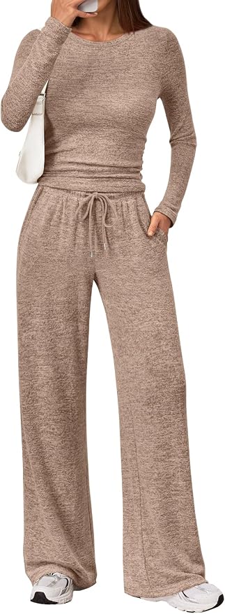 LILLUSORY Womens 2 Piece Matching Lounge Sets 2026 Fall Fashion Outfits | Long Sleeve Top & Drawstring Wide Leg Pants with Pockets, Workout Gym Comfort Sweat Suit, Travel Airport Vacation Clothing by Lillusory